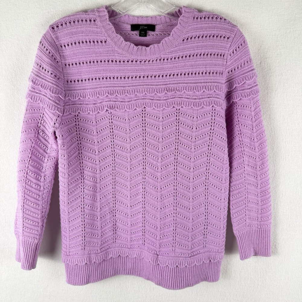 JCrew Lilac Pointelle Sweater Wool Blend Crew Neck Pullover Womens Sz XS Cottage